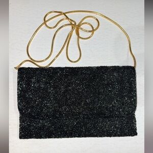 Valerie Stevens Black Beaded Clutch with Gold long strap EUC